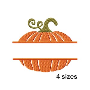 Peut inclure: Une broderie de citrouille orange avec une tige verte et le texte "4 tailles" en noir. La citrouille est divisée en deux sections avec une ligne horizontale au-dessus et en dessous.