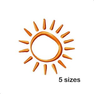 May include: An orange sun design with a circular center and pointed rays. The text "5 sizes" is below the sun graphic, indicating available size options. The design is set against a clean white background.