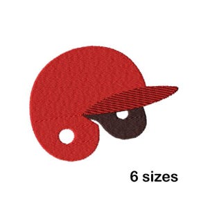 May include: A red baseball helmet with a dark brown face guard and a white circular opening. The image includes the text "6 sizes" in black font, indicating size options for the product.