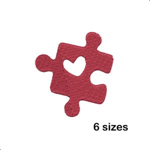 May include: A red embroidered puzzle piece with a heart-shaped cutout. The image shows the text "6 sizes" below the puzzle piece. The design is suitable for various craft projects, such as patches or appliques.