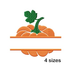 May include: An embroidered pumpkin design with orange and green colors. The pumpkin has a green stem and leaf, with a horizontal line above and below the pumpkin. The text "4 sizes" is at the bottom.