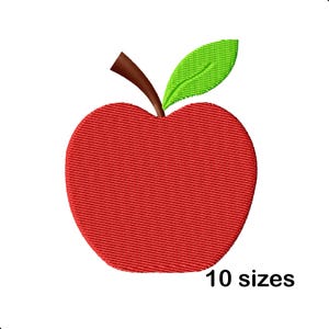 May include: An embroidered red apple patch with a brown stem and a single bright green leaf. The design features dense, horizontal stitching throughout the fruit body and the text 10 sizes is printed in black in the bottom right corner.