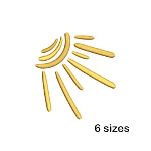 Pode incluir: Um desenho de sol dourado com linhas radiantes e formas curvas. O texto "6 tamanhos" é exibido abaixo do sol. O design é renderizado em 3D, com um efeito de gradiente.