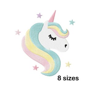 May include: Embroidered design of a unicorn with a rainbow mane and tail. The unicorn has closed eyes and a horn. There are small stars scattered around the unicorn.