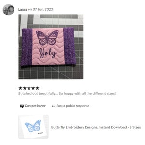 May include: A pink and purple quilted fabric pouch with a purple butterfly and the name "Yoly" embroidered on it. The pouch is stitched out beautifully and is available in different sizes.
