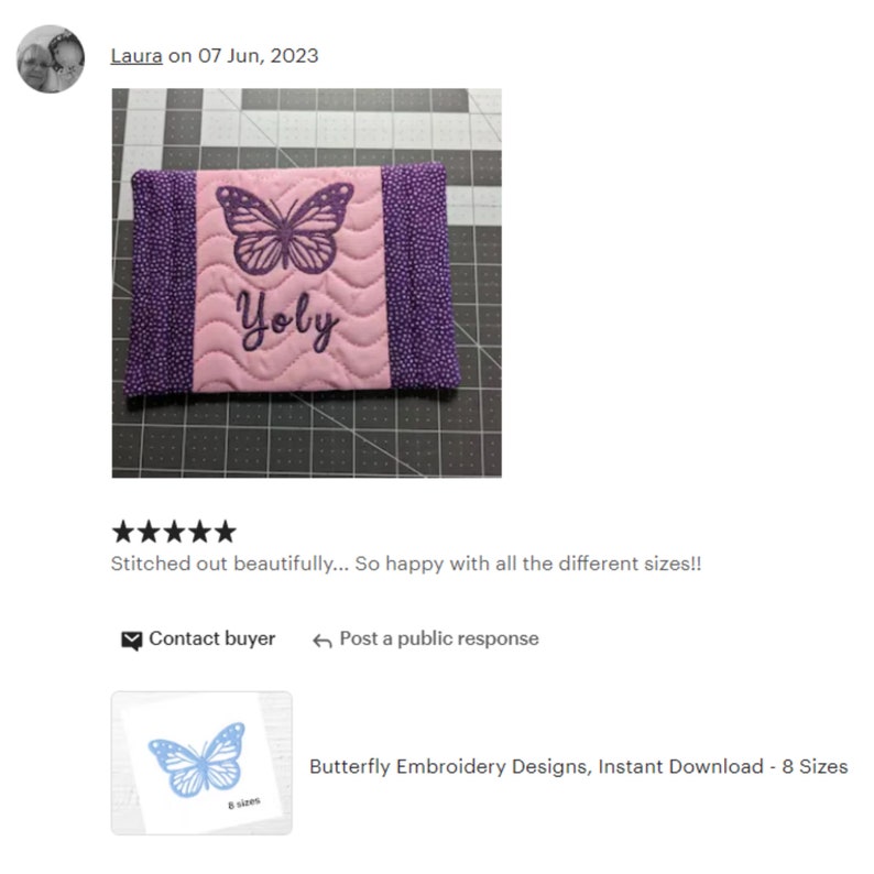 May include: A pink and purple quilted fabric pouch with a purple butterfly and the name "Yoly" embroidered on it. The pouch is stitched out beautifully and is available in different sizes.