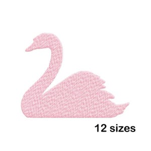 May include: A light pink embroidered swan patch with a curved neck and detailed wing. The patch is on a white background, with the text "12 sizes" below the swan.