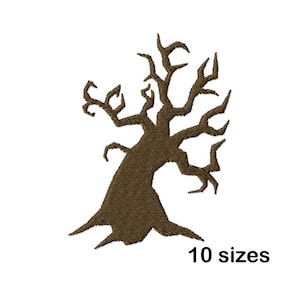 May include: Embroidered brown tree design with gnarled branches and a textured appearance. The image includes the text "10 sizes" in the lower right corner. This design is suitable for various craft projects.