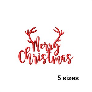 May include: Red embroidered text reading "Merry Christmas" with reindeer antlers above the words, set against a white background. The words "5 sizes" are below the text.