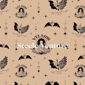 May include: A tan-coloured background featuring a repeating pattern of black illustrations. The design includes mountain silhouettes, winged swords, stars, and the text "VELARIS CITY OF STARLIGHT" and "High lady of the night court". The text "Steele Venture" is also present.
