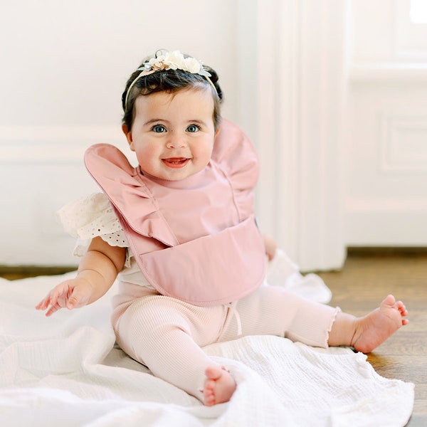 Waterproof Peach Print Baby Feeding Apron with Pocket