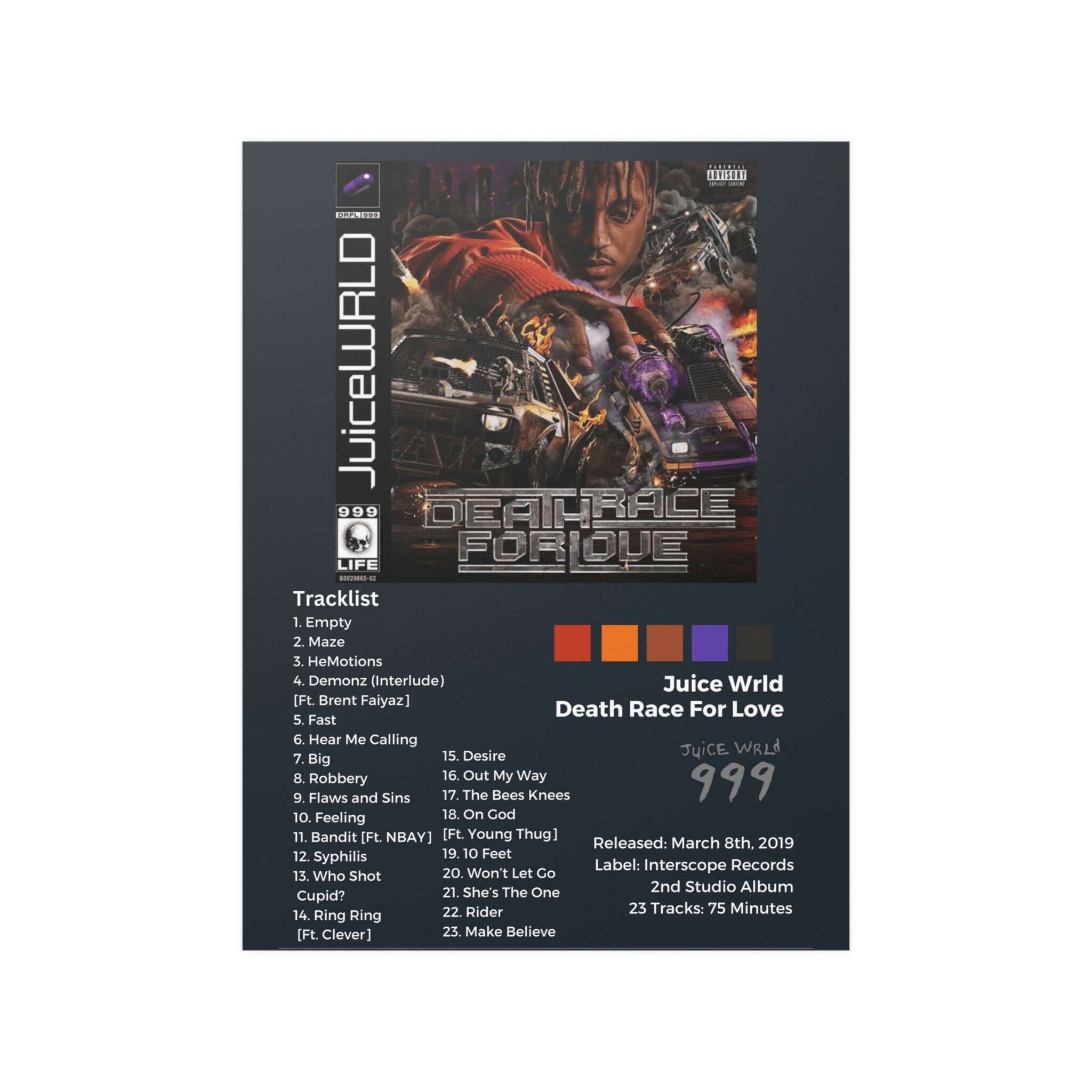 Juice Wrld Poster Death Race For Love Album Art Rap Tracklist Satin