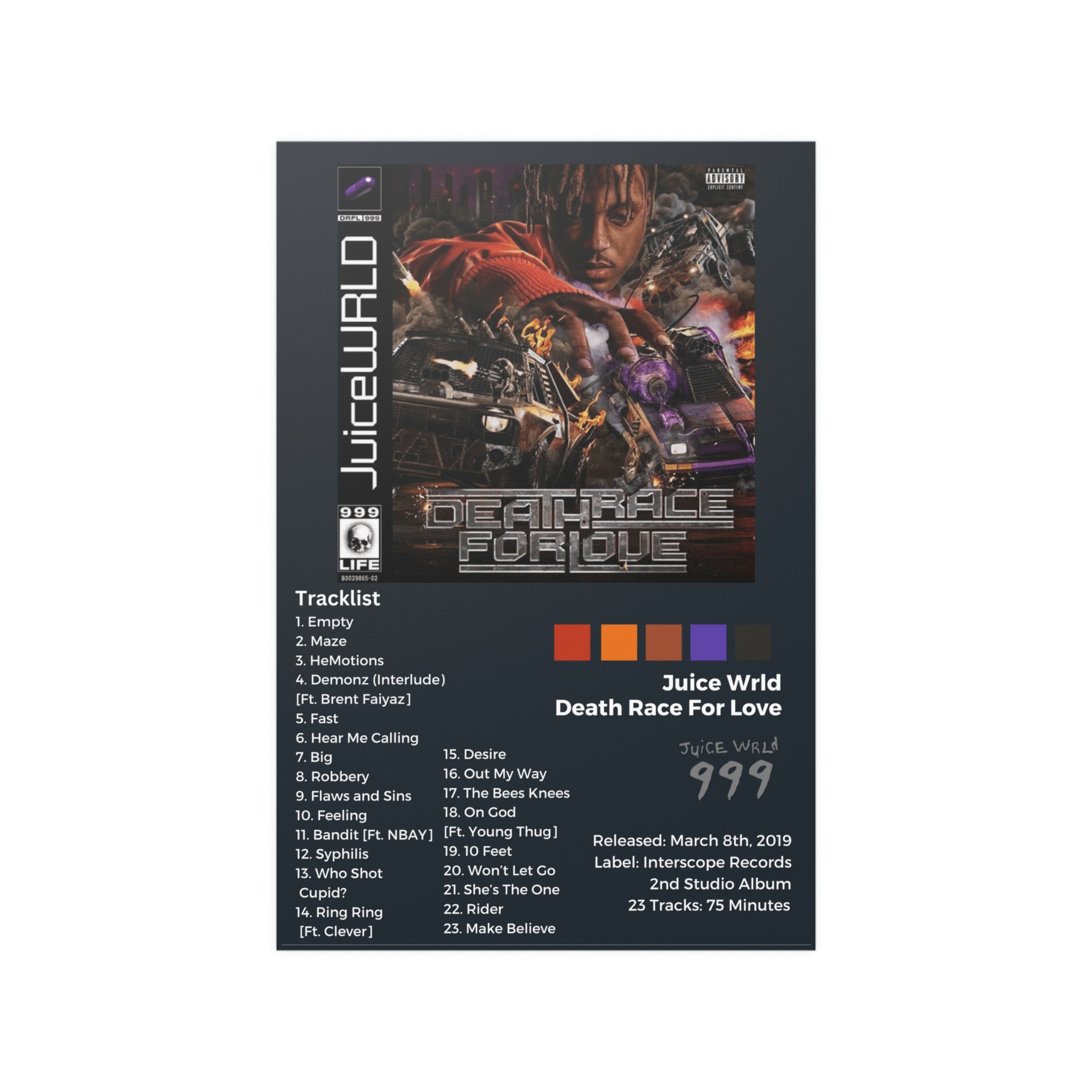 Juice Wrld Poster Death Race For Love Album Art Rap Tracklist Satin Poster