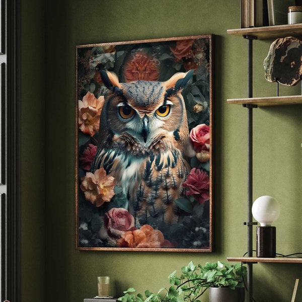 Eule Portrait mit Blumen Owl Poster Premium AP3013 / Animal Art / Wandbild Wandbilder