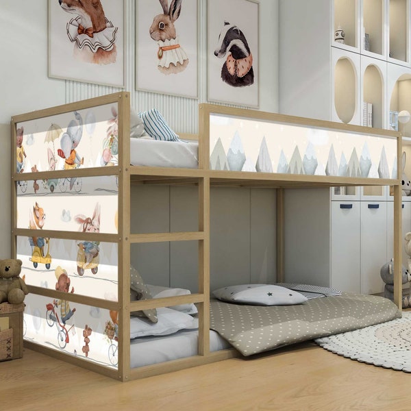 Aufkleber für IKEA KURA Kinderbett Klebefolie Möbelfolie Sticker Kinderzimmer Bett fröhliche Tiere (Ohne Möbel) IKB504