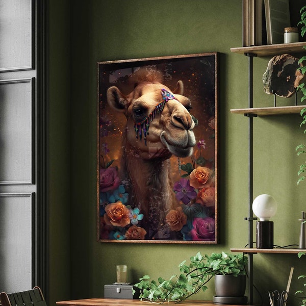 Kamel Portrait mit Blumen Camel Poster Premium AP3003 / Animal Art / Wandbild Wandbilder