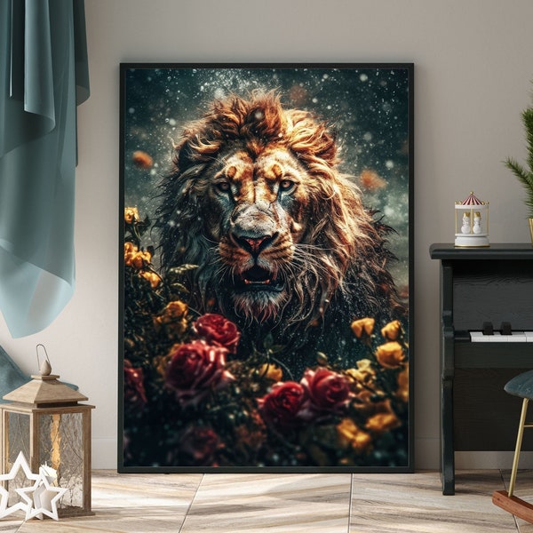 Löwe mit Rosen Rot und Gelb Poster Premium P784 / Animal Art / Wandbild Wandbilder