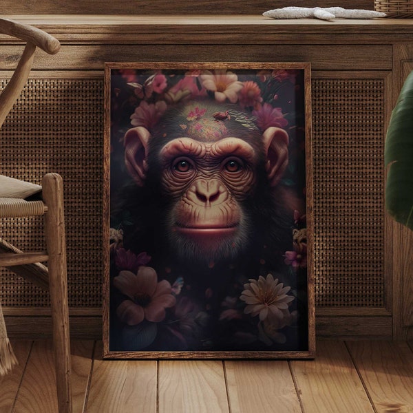 Affe Portrait mit Blumen Monkey Poster Premium AP3012 / Animal Art / Wandbild Wandbilder