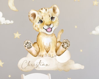 Customize with a name! Cute Baby Lion Wall Decal Nursery Kids Stickers Babyroom Animals Watercolour V331