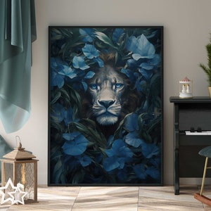 Löwe Portrait mit blauen Blumen Lion Poster Premium AP3075 / Animal Art / Wandbild Wandbilder