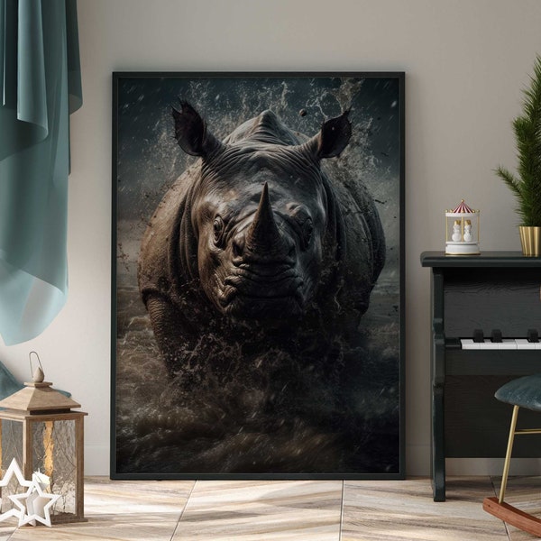 Nashorn Portrait im Wasser Rhino Poster Premium AP3027 / Animal Art / Wandbild Wandbilder