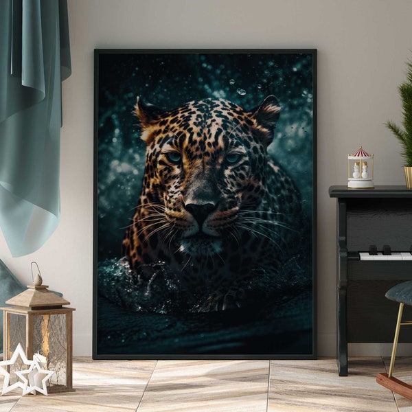 Leopard Portrait im Wasser Leopard Poster Premium AP3031 / Animal Art / Wandbild Wandbilder