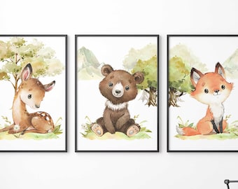 Kinderzimmer Poster Set Premium P795 / Waldtiere mit Bär Fuchs Reh Babyzimmer Wandbild Wandbilder