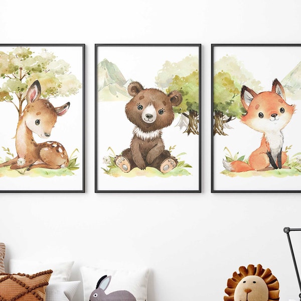 Kinderzimmer Poster Set Premium P795 / Waldtiere mit Bär Fuchs Reh Babyzimmer Wandbild Wandbilder