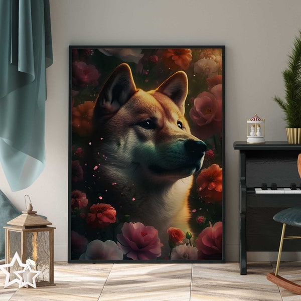 Hund Portrait mit Blumen Dog Poster Premium AP3004 / Animal Art / Wandbild Wandbilder