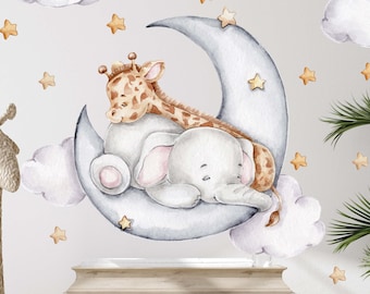 Cute Baby Elephant and Giraffe Wall Decal Nursery Kids Stickers Babyroom Animals on moon Watercolour V325