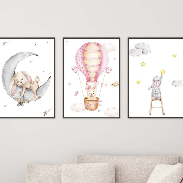 Kinderzimmer Poster Set Premium P708 / Hase Heißluftballon Babyzimmer Wandbild Wandbilder