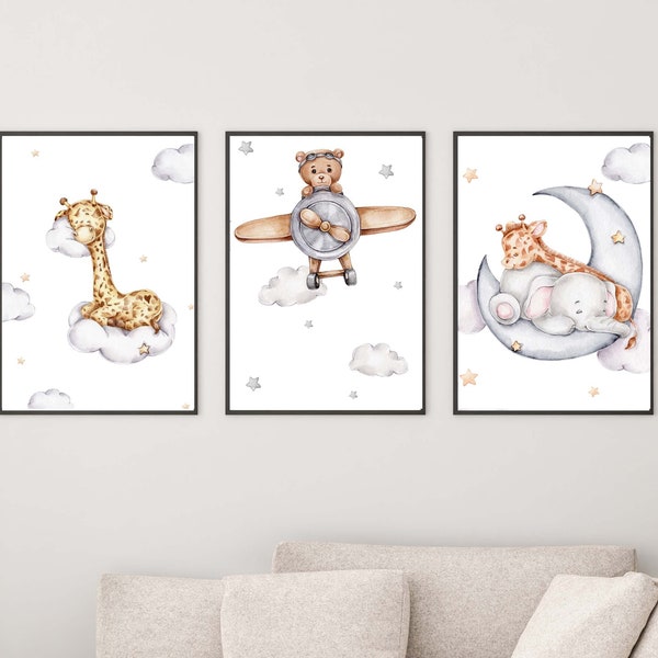 Kinderzimmer Poster Set Premium P772 / Tiere zwischen Wolken Babyzimmer Wandbild Wandbilder