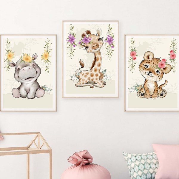 Kinderzimmer Poster Set Premium P724 / Tiere mit Blumen Babyzimmer Wandbild Wandbilder