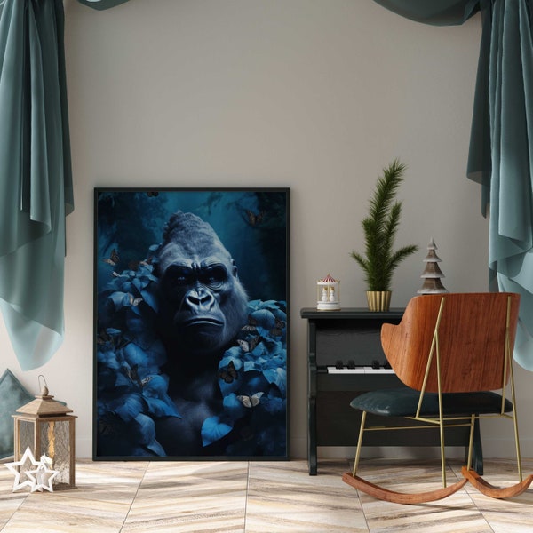 Gorilla Portrait mit blauen Blumen Gorilla Poster Premium AP3076 / Animal Art / Wandbild Wandbilder