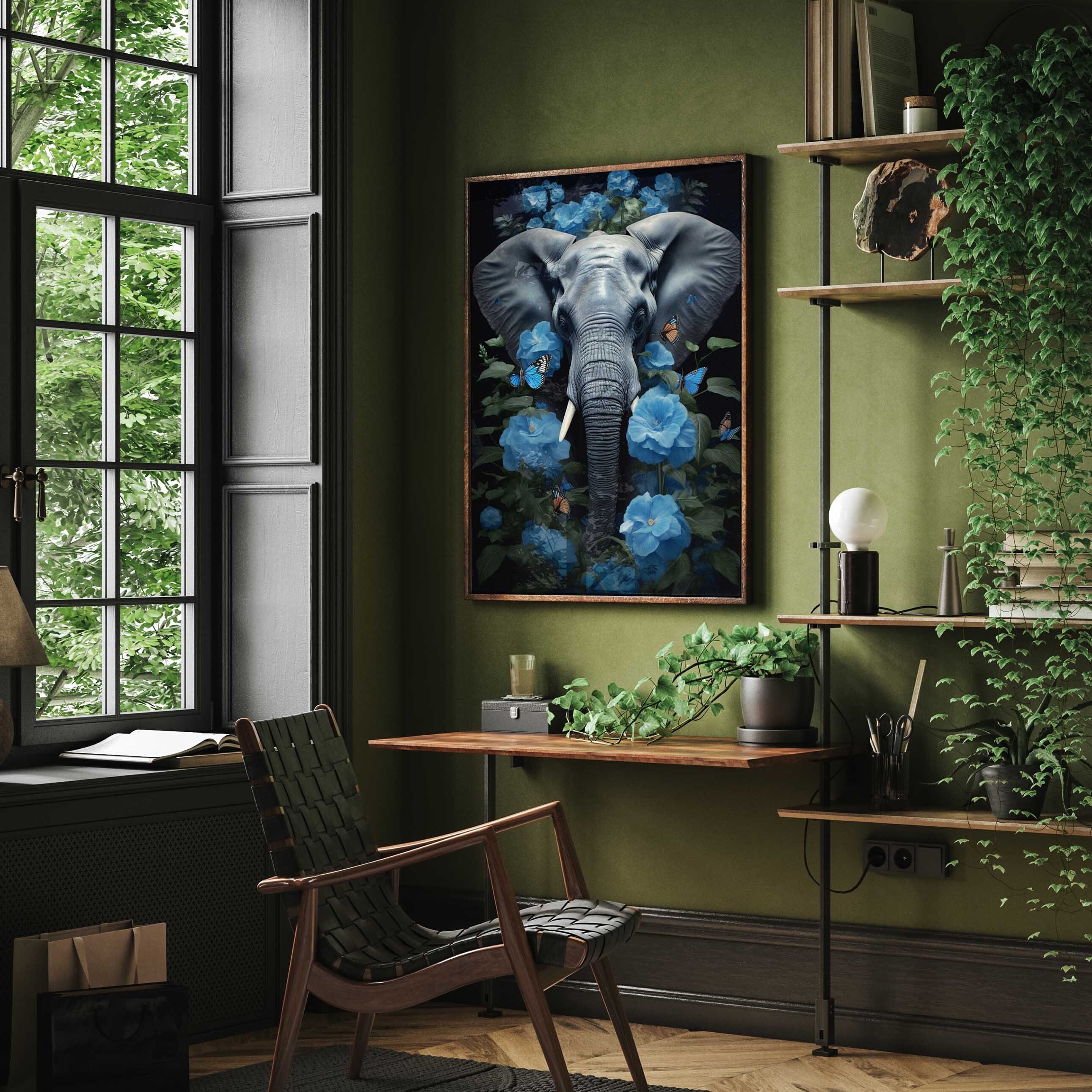 Blumen Blauen Wandbilder Elefant Premium / Elephant / - AP3069 Art Wandbild Animal Mit Etsy Poster Portrait