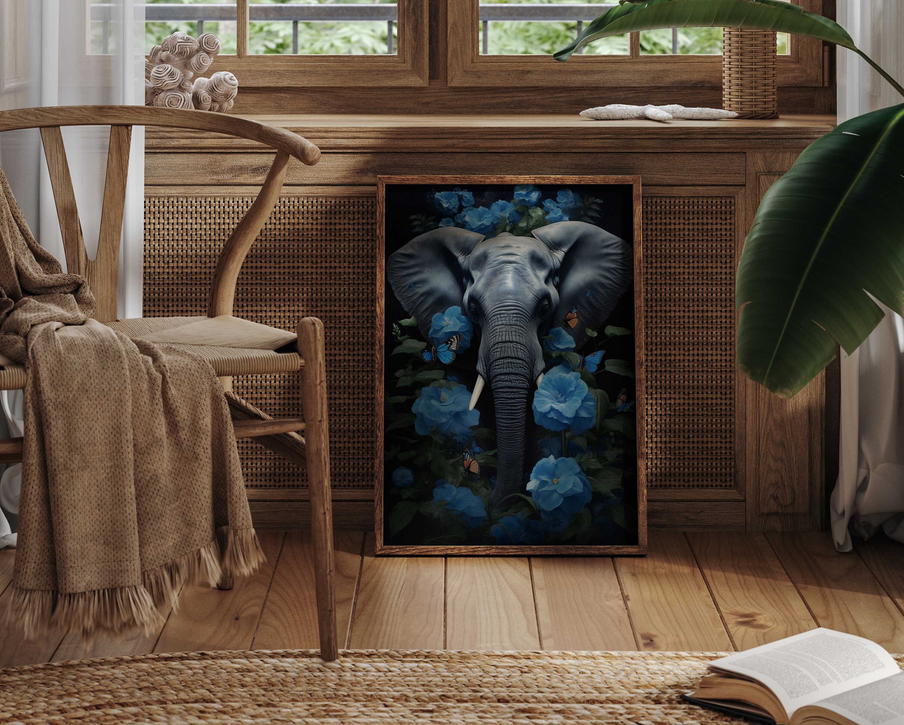Elefant Portrait Mit Blauen Blumen Elephant / Animal Etsy AP3069 Art Premium - Poster Wandbild Wandbilder 