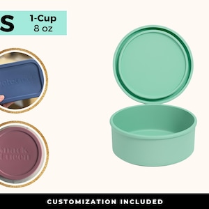 May include: A teal-coloured, round container with a lid, labelled "1-Cup" and "8 oz." Additional images show a blue container lid with "gateyour" and a maroon lid with "Snack Queen." The text "CUSTOMIZATION INCLUDED" is at the bottom.