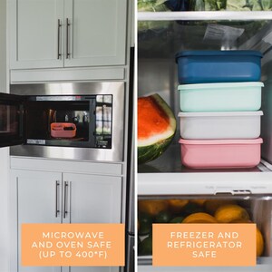 May include: A microwave oven with a pink food container inside, and a refrigerator with four colorful food storage containers. The text reads "MICROWAVE AND OVEN SAFE (UP TO 400*F)" and "FREEZER AND REFRIGERATOR SAFE".