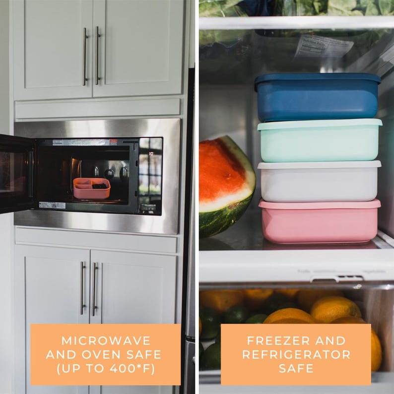 May include: A microwave oven with a pink food container inside, and a refrigerator with four colorful food storage containers. The text reads "MICROWAVE AND OVEN SAFE (UP TO 400*F)" and "FREEZER AND REFRIGERATOR SAFE".