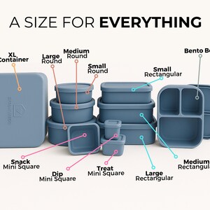 May include: A collection of blue food storage containers in various sizes and shapes, including round, rectangular, and square options. The image includes an XL container, a bento box, and several mini squares. Text at the top reads "A SIZE FOR EVERYTHING."