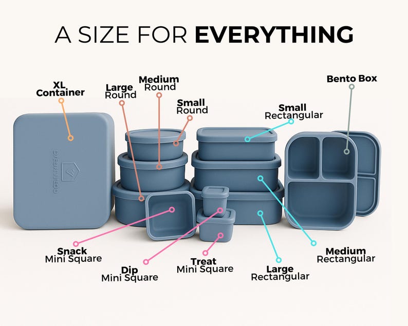 May include: A collection of blue food storage containers in various sizes and shapes, including round, rectangular, and square options. The image includes an XL container, a bento box, and several mini squares. Text at the top reads "A SIZE FOR EVERYTHING."