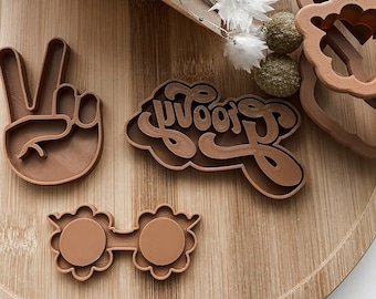 Groovy Trio Cookie Cutter & Stamp Set, stampato in 3D, taglierine retrò, tema anni Settanta, tema Hippy, disponibile come set o individuale