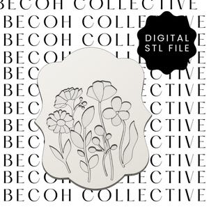 May include: A digital STL file with a floral design. The design features several flowers and leaves within a decorative, light-coloured frame. The background has a repeating pattern of the words "BECOH COLLECTIVE."