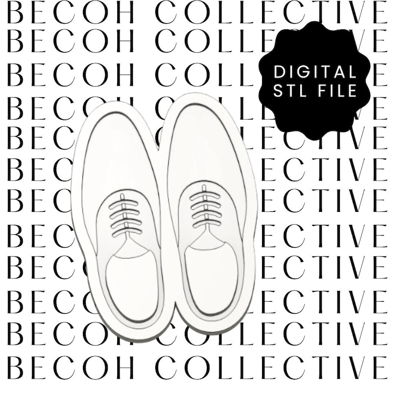 Puede incluir: Un archivo STL digital que presenta un par de zapatos de vestir blancos, vistos desde arriba. Los zapatos est&aacute;n delineados en un estilo simple y limpio. El fondo tiene un patr&oacute;n repetido de las palabras "BECOH COLLECTIVE". Tambi&eacute;n hay una forma negra con el texto "DIGITAL STL FILE".