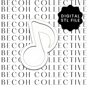 May include: A white musical note-shaped digital STL file. The note is outlined in a clean, minimalist style. The background features a repeating pattern of the words "BECOH COLLECTIVE". A black shape with the text "DIGITAL STL FILE" is in the upper right.