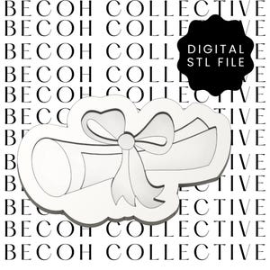 May include: A white scroll with a bow, a digital STL file. The scroll is unrolled and tied with a large bow. The image is set against a background of repeating text.