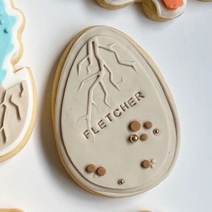 May include: A light brown sugar cookie decorated with a light brown icing design of a cracked egg with a tree root inside. The cookie is decorated with the name "Fletcher" and small brown and gold dots.