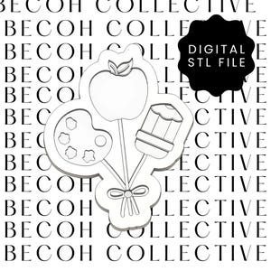 May include: A white digital STL file design with an apple, paintbrush, and pencil tied with a bow. The text "DIGITAL STL FILE" is in a black shape. The background has the words "BECOH COLLECTIVE" repeated.