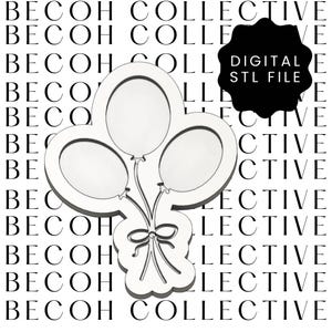 Puede incluir: Un archivo STL digital blanco de un grupo de tres globos atados con un lazo. El fondo presenta el texto "BECOH COLLECTIVE" en un patrón repetido. El archivo está etiquetado como "DIGITAL STL FILE".