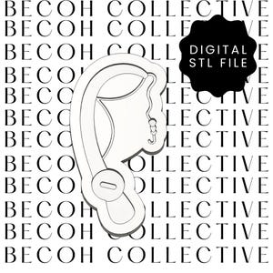 May include: A white digital STL file depicting an ear with a dangling earring. The ear is a stylized outline, with a circular element at the bottom. The background features the text "BECOH COLLECTIVE" repeated in a pattern.